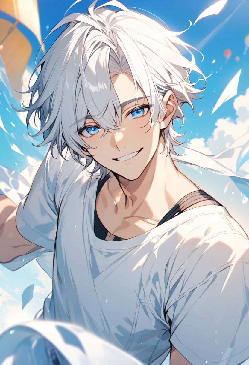 Handsome, solo, 1 male, short hair, white hair, white clothes, smile facial, ((shirt)), blue eyes