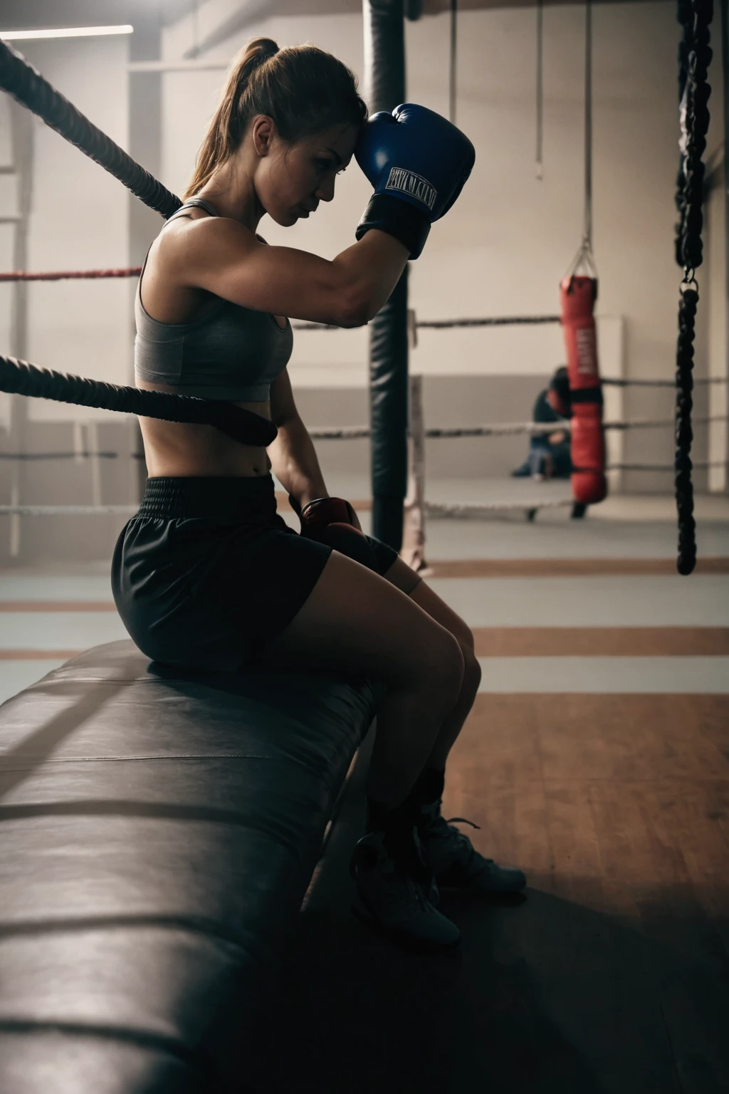 there is a woman sitting on a bench with a boxing glove, in a boxing ring, boxing stance, resting after a hard fight, in a gym, working out, boxing, in a fighting stance, in a fighting pose, punching in a bag, kickboxing, boxing ring, punching, getting ready to fight, she is ready to fight, preparing to fight