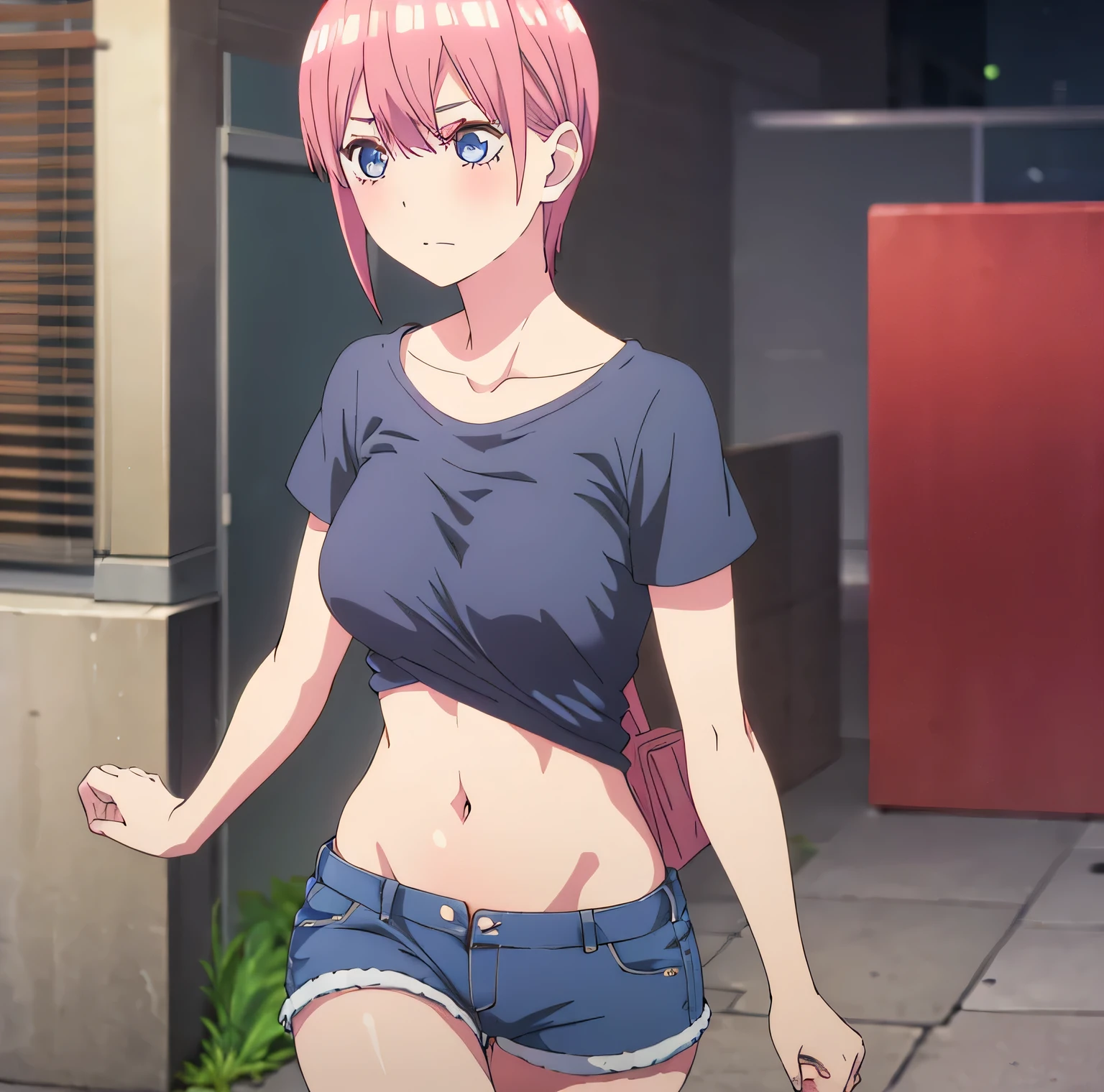 1 Girl,alone,Nakano Ichika,short hair,Pink Hair,look up,Spread your legs,blue eyes,Smooth and bright skin,Fine grain,View your viewers,Pink Hair,Earrings,underwear,blush,Shorts,panties,chest,belly button, hair band, big chest, Chest cleavage,  panties, abdomen,  Shorts, open Shorts, denim,  ,Sexy Body, Curved body, Dynamic pose, bag, bangs, high quality, big chest, Medium Waist, Wide Hips, Medium thighs, Big Breasts,Outdoor, Japanese-style town, Shibuya Ward, street, (1 Girl), (only), Soccer, 最high quality, Super detailed, masterpiece, ((Facing forward, nipples visible)),(Upper body naked）