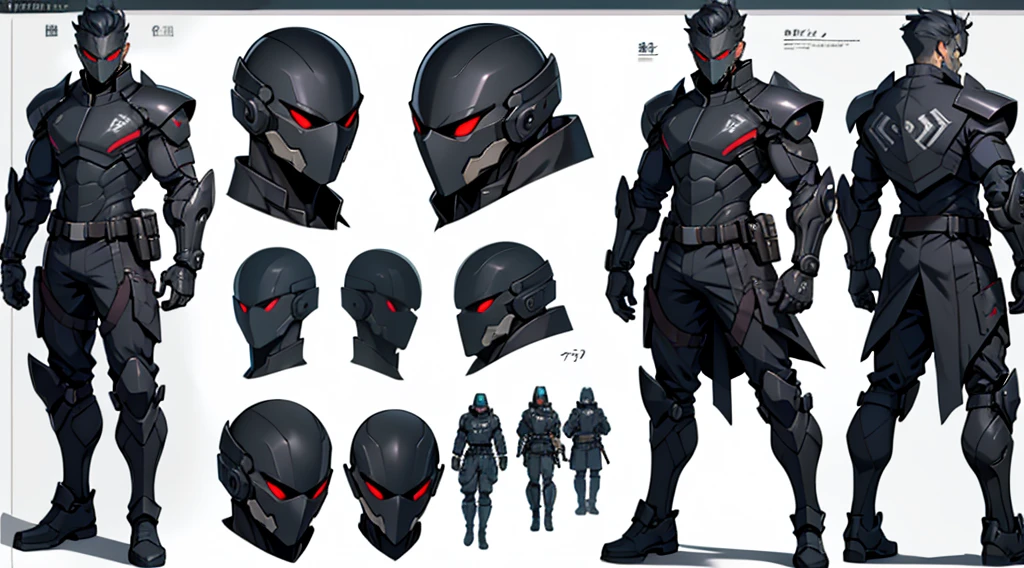 Character design sheet、male、Black combat uniform、Body Armor、Powered Suit、Full Face、cyber punk
