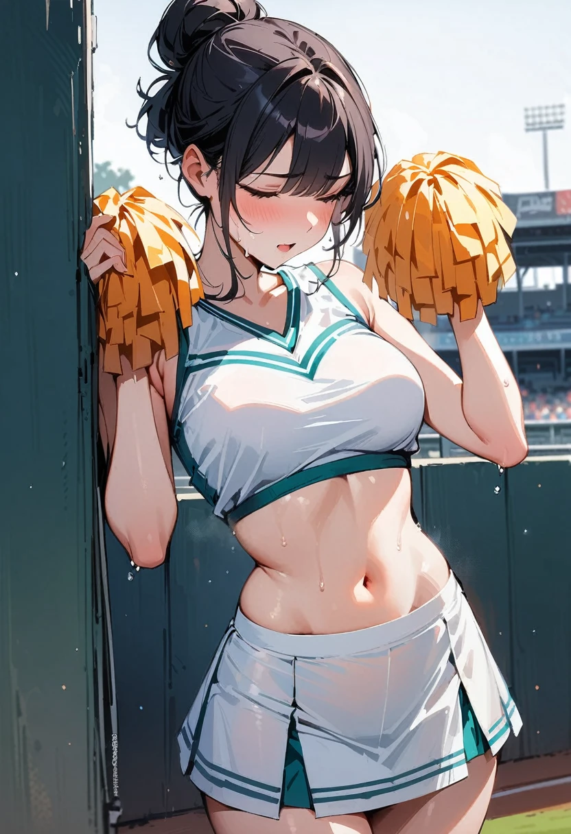(masterpiece, Highest quality:1.2), 1 Girl, alone , sexy , (Cheerleader uniforms) , (Cowboy Shot) , Black Hair , (White sports bra) , (Hair Bun) , Sweat, baseball Ground