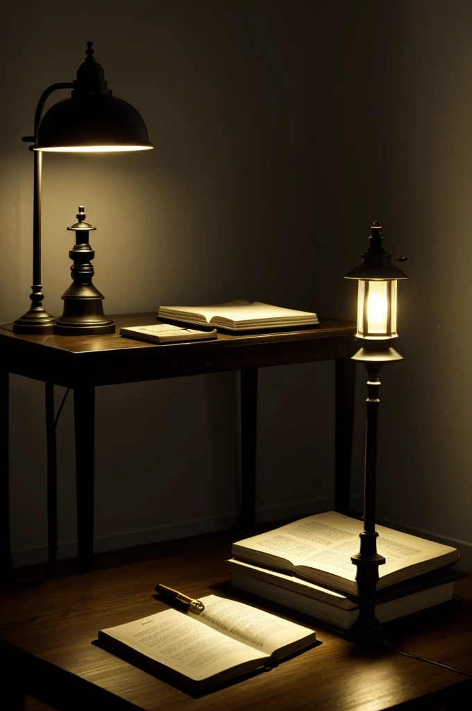 In a dark room, the light from a glowing lamppost spreads across the table. An old diary lies open on the table, its pages slightly yellowed. Next to the diary is an old pen, which appears to have not been used for many years. The lamppost's light casts the diary's shadow onto the table in a ghostly shape, intensifying the eerie atmosphere of the room. There is no sound around, only the faint light of the lamppost, and the presence of the diary and pen evokes a mysterious and frightening feeling.