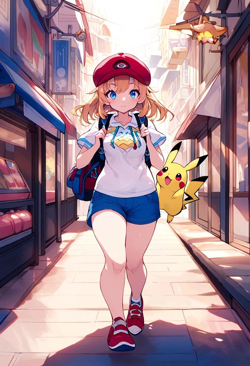 Pokemon girl walking down the street with backpack and Pokemon Pikachu