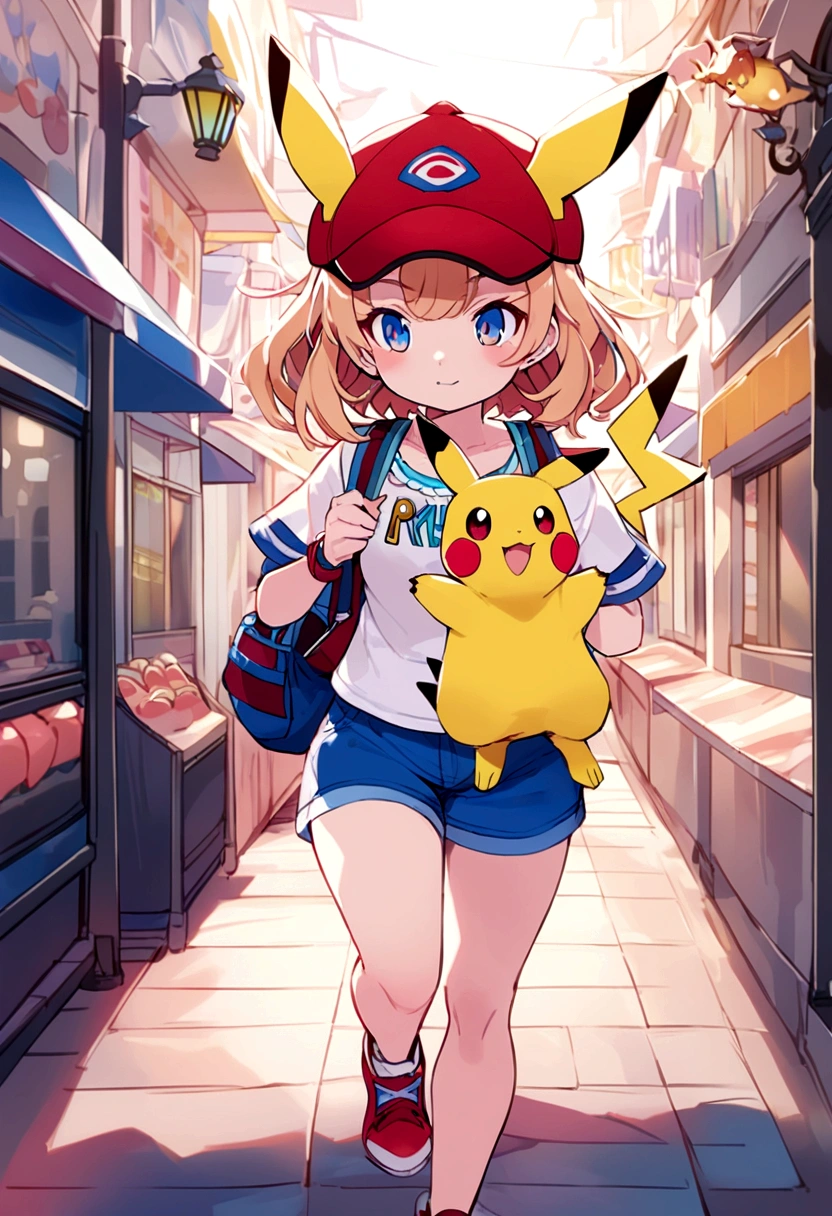Pokemon girl walking down the street with backpack and Pokemon Pikachu