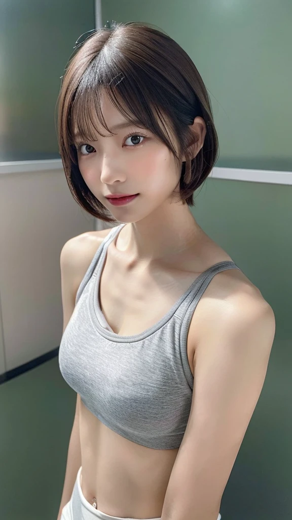 (Highest quality, 8K, 32k, masterpiece, Ultra-high resolution:1.2),Beautiful Japanese Women Photos, Very short bob hair,Upper Body,Face Focus,(Calvin Klein, Grey sports bra), Simple room interior background, (Background blur:1.5), From above, View your viewers,