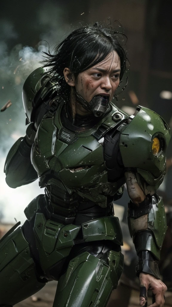 , Advanced Details, high quality, 最high quality, High resolution, 1080P 、傷口からのBleeding、Sexy Eyes、Wearing green and black、cute((The whole body is sweating))(Equipped with a damaged battle suit....)(Dark green armor)(Broken Armor)Black Hair、Chiquita、short hair、Screaming with mouth open　Painful expression、It hurts again、Healthy Skin、20-year-old female　defeat　(Steam coming out of the face) ((Steam from the body)) 　Unable to fight　Severe attacks　((Headgear broke.　)) Flying debris　bare hands　Armor Stripping　gas mask explodes　centering　Bleeding　