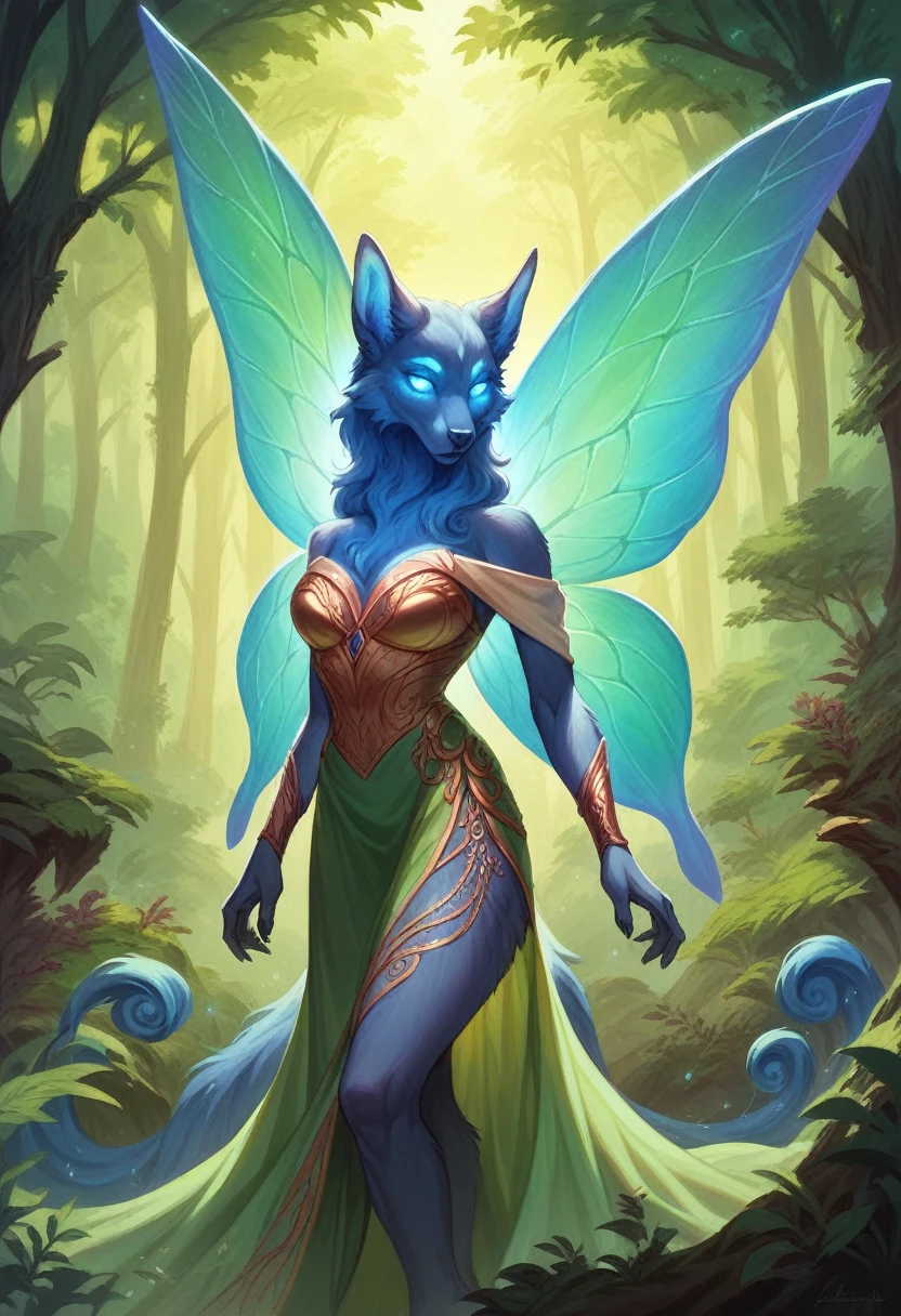 magical creature, anthropomorphic animal, fantasy art, detailed fur, glowing eyes, enchanting aura, mythical creature, ?????, majestic presence, mystical background, forest environment, mystical lighting, fairy-tale atmosphere, intricate details, animal features