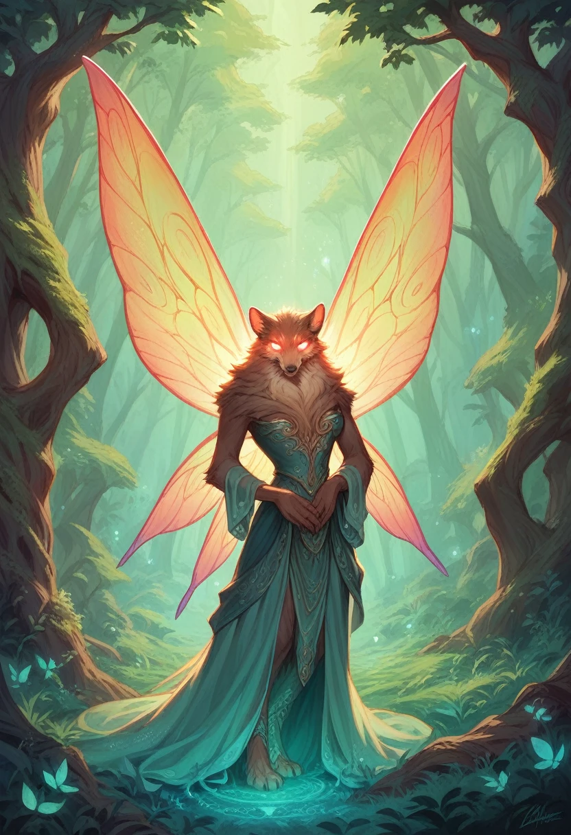 magical creature, anthropomorphic animal, fantasy art, detailed fur, glowing eyes, enchanting aura, mythical creature, naked, majestic presence, mystical background, forest environment, mystical lighting, fairy-tale atmosphere, intricate details, animal features