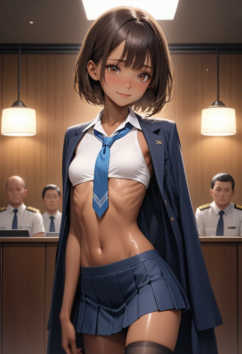 (masterpiece,Highest quality:1.3,best quality illustration),realistic,cowboy shot,1woman,30 year old Japanese beauty,Naval officer、((very small head:1.5)),short bob hair,brown hair,bangs,brown eyes,gorgeous eyes,shy,smile,((Dark blue blazer jacket、White Shirt、Blue tie、Navy blue mini skirt、black thighhighs))、navy uniform,small breasts,((very long body:1.4,tan skin:1.2)),(toned body,slender body,skinny),gleaming skin,shiny skin,sweat:1.2,standing,sitting,conference room、Naval Base、