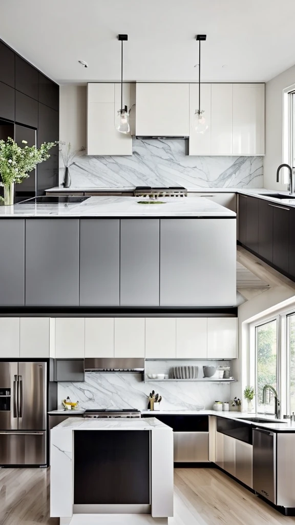 Generate a modern kitchen with sleek cabinets, stainless steel appliances, open shelving, and a central island. The countertops should be marble, and the color scheme should include white, gray, and black. The kitchen should have a minimalist design with plenty of natural light.