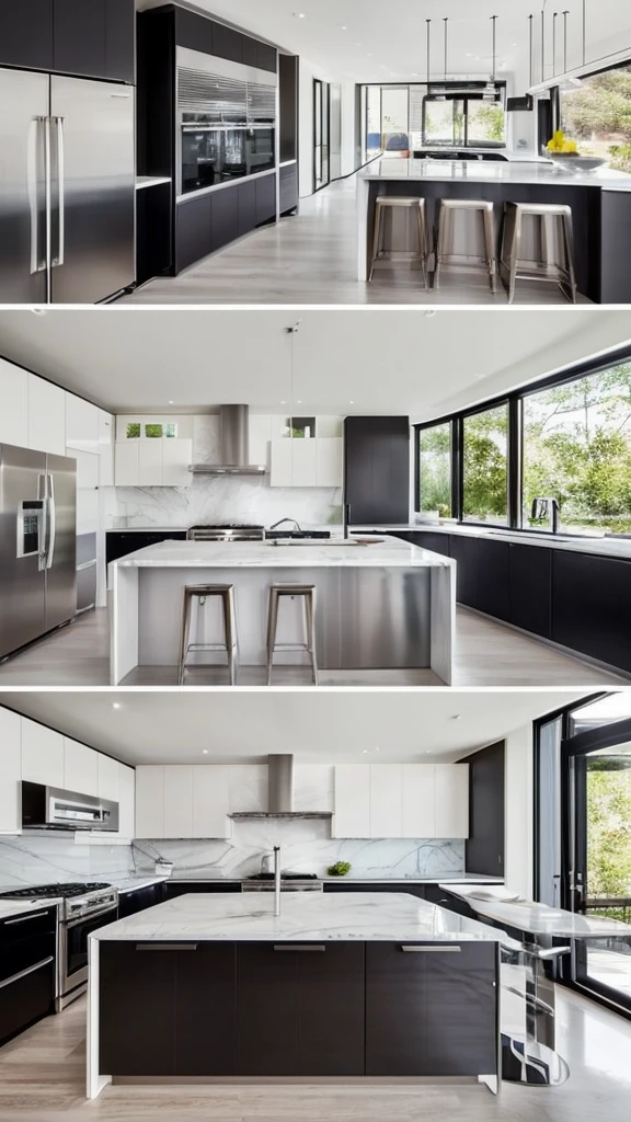 Generate a modern kitchen with sleek cabinets, stainless steel appliances, open shelving, and a central island. The countertops should be marble, and the color scheme should include white, gray, and black. The kitchen should have a minimalist design with plenty of natural light.