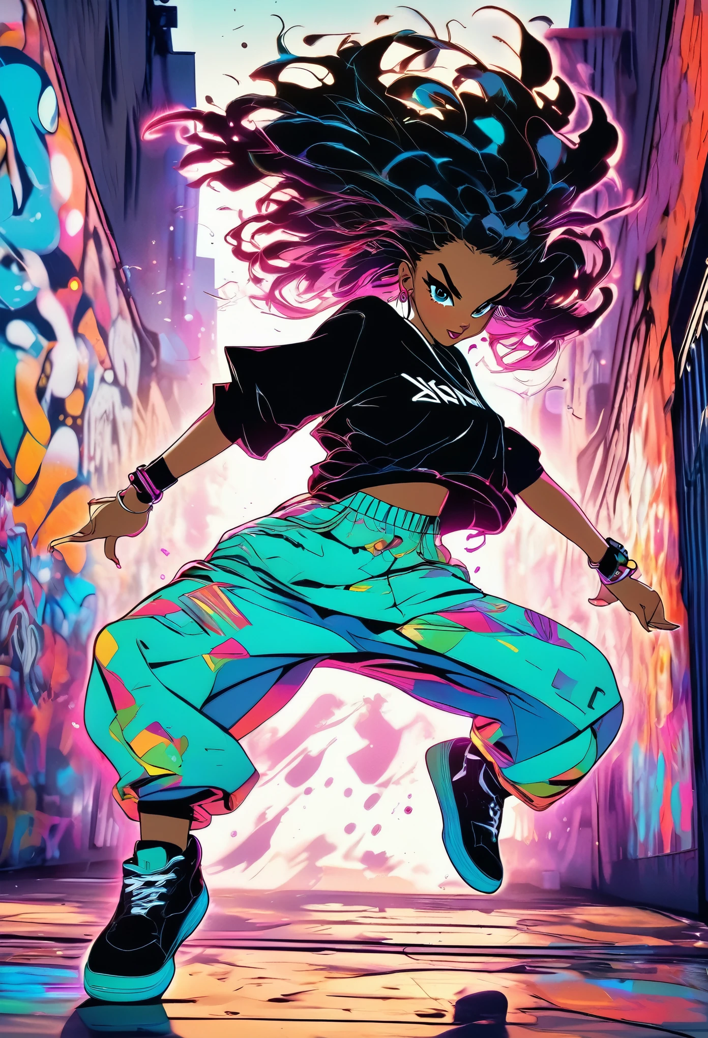 A girl in a white shirt and black skirt is performing a dynamic krumping move, her body moving with powerful and aggressive energy. The background is an urban graffiti-filled alley. Krump dancer wearing oversized T-shirt and baggy pants, urban street style, loose-fitting clothes, vibrant colors, aggressive dance pose, gritty street background, dramatic lighting, intense facial expression, The style is anime with colorful lights and detailed character design at a high resolution. , a full body portrait and long hair flying around with an anime aesthetic.