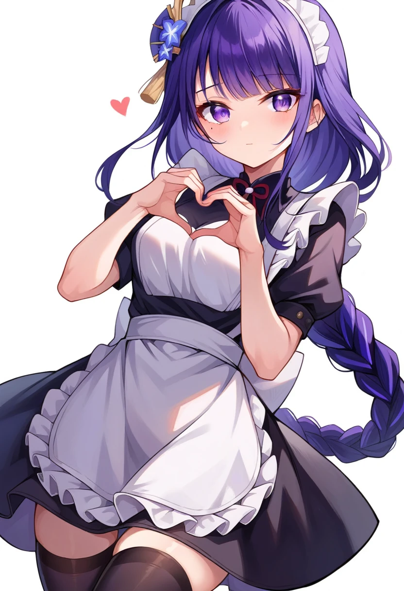 raiden shogun, 1girl, solo, long hair, looking at viewer, blush, bangs, simple background, thighhighs, white background, dress, ribbon, closed mouth, purple eyes, purple hair, braid, short sleeves, heart, frills, alternate costume, black thighhighs, apron, zettai ryouiki, maid, maid headdress, mole under eye, single braid, white apron, maid apron, braided ponytail, enmaided, heart hands