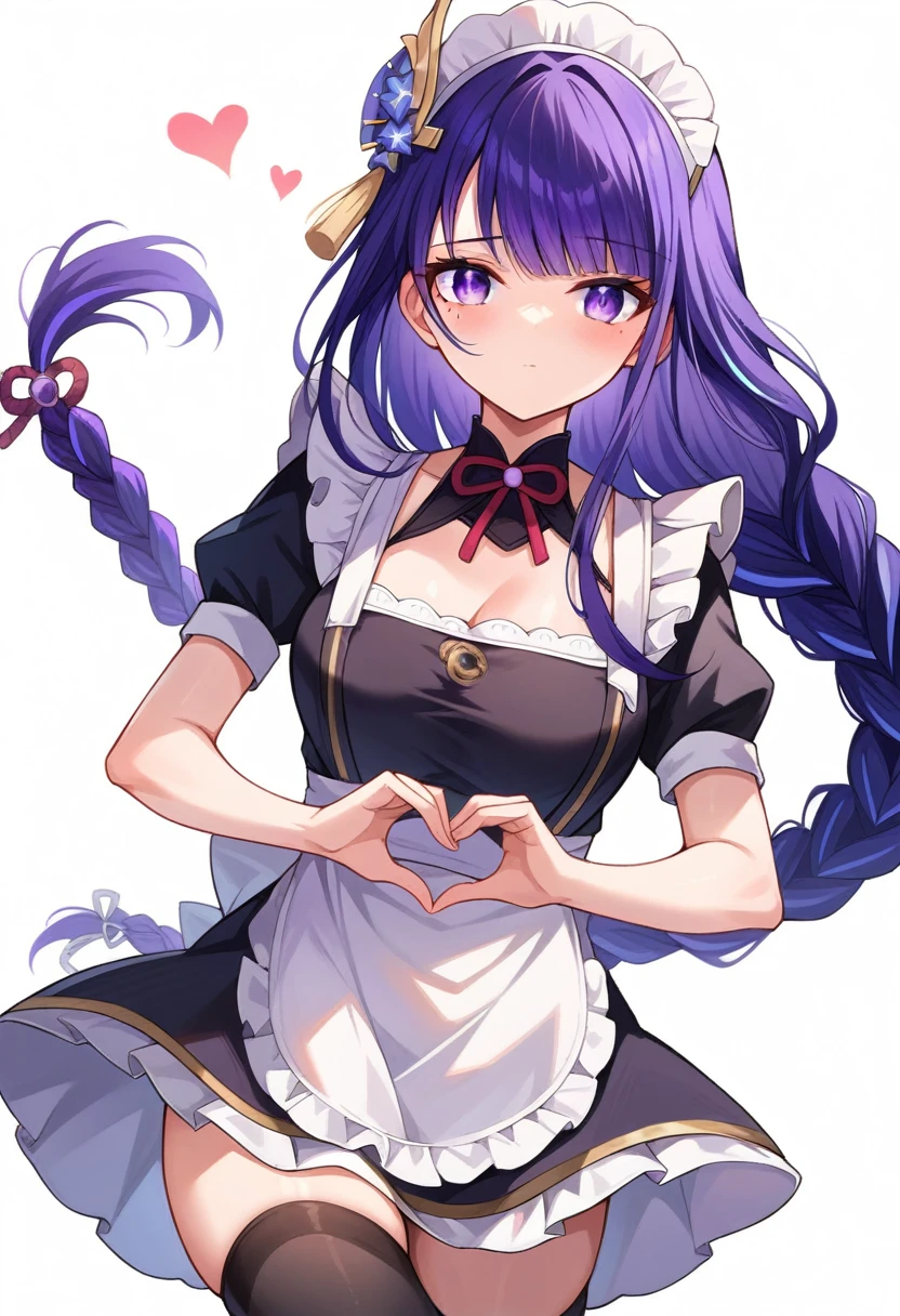 raiden shogun, 1girl, solo, long hair, looking at viewer, blush, bangs, simple background, thighhighs, white background, dress, ribbon, closed mouth, purple eyes, purple hair, braid, short sleeves, heart, frills, alternate costume, black thighhighs, apron, zettai ryouiki, maid, maid headdress, mole under eye, single braid, white apron, maid apron, braided ponytail, enmaided, heart hands