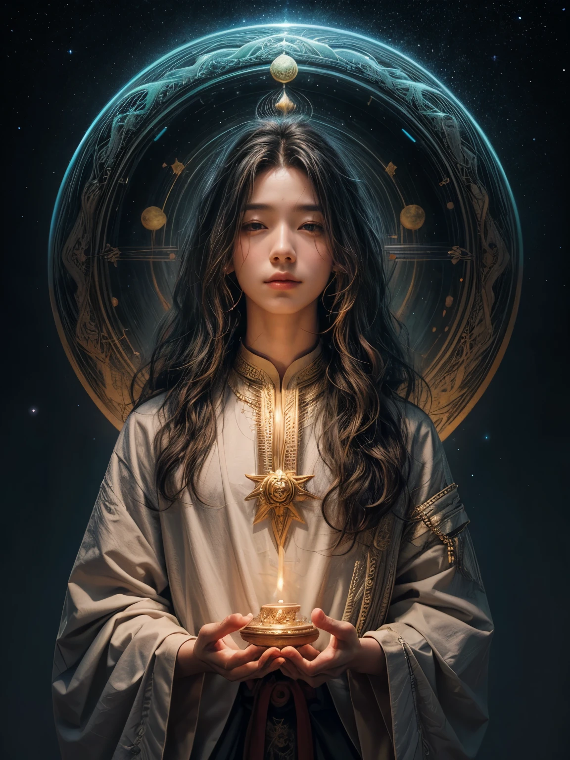 a man,medium wavy hair, practitioner,Meditate,aura,Cosmic stars,starlight,moon,Bodhisattva,best quality,masterpiece,A random island on the Internet as the background,excellent work