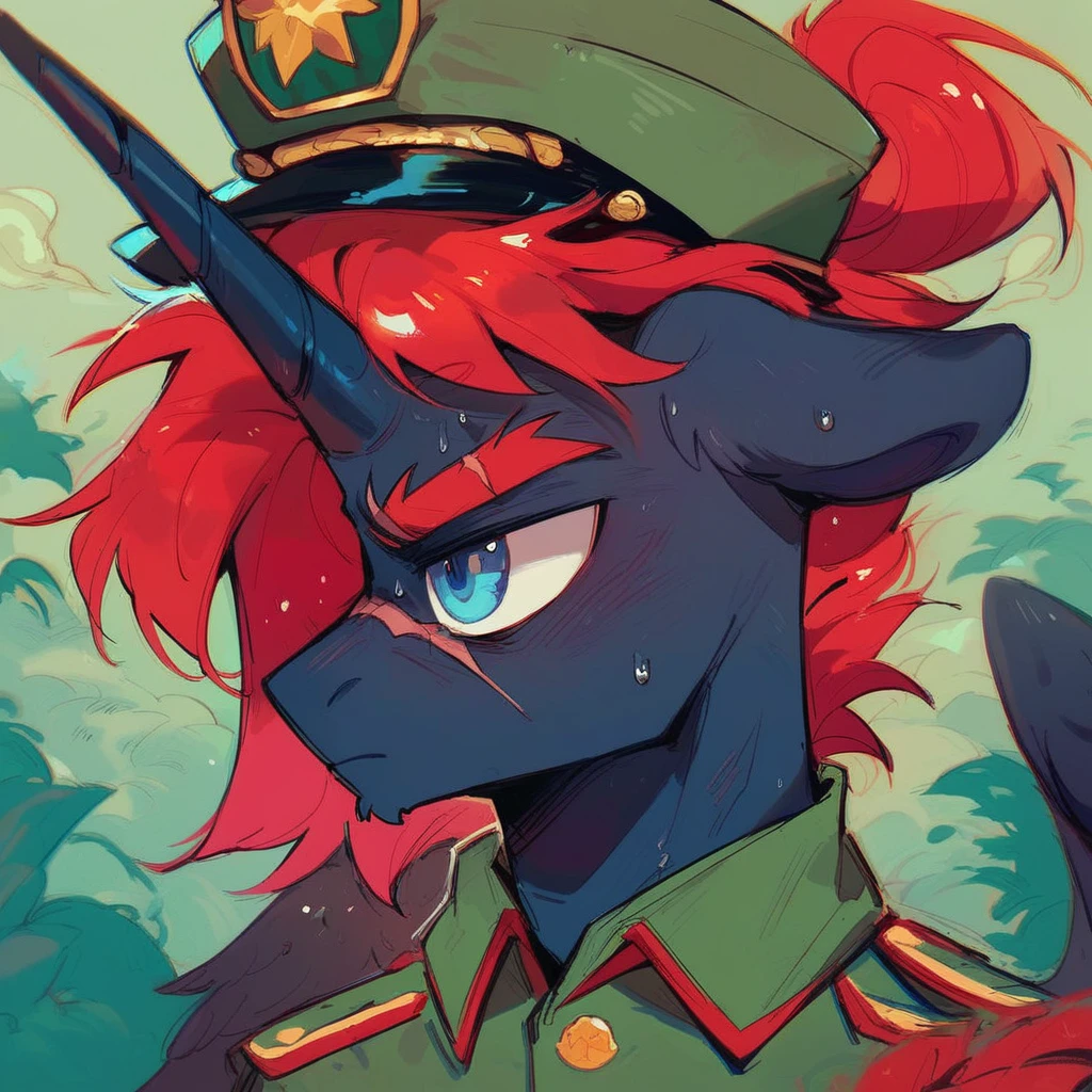 Male alicorn pony, black fur, long red hair, deep blue eyes, red feathers on wings, scar over left eye, red striping, vietnam-era army uniform, boonie hat, in a swamp, sweating, close-up portrait