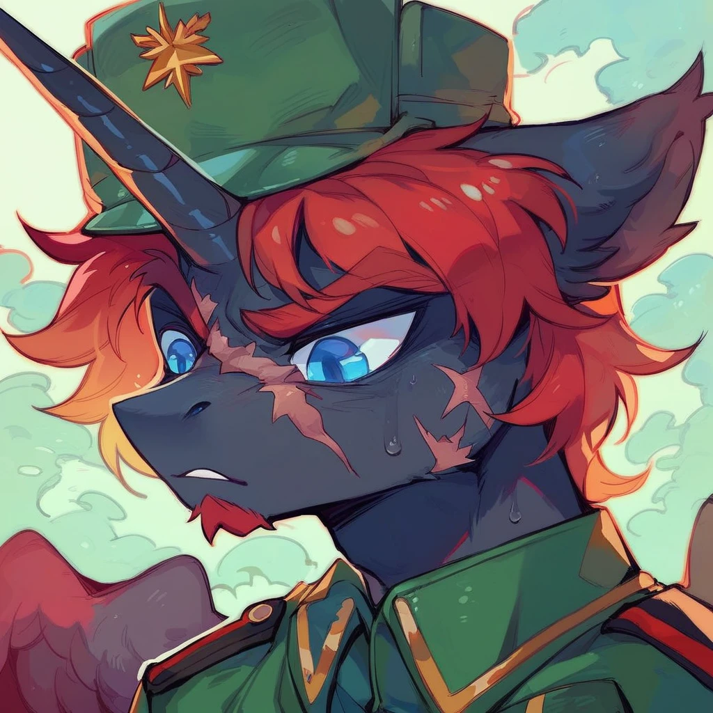 Male alicorn pony, black fur, long red hair, deep blue eyes, red feathers on wings, scar over left eye, red striping, vietnam-era army uniform, boonie hat, in a swamp, sweating, close-up portrait