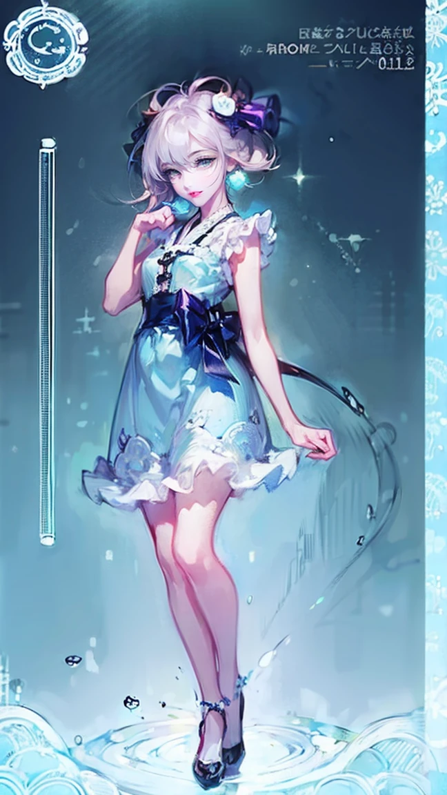 She is a pale teal with a teal dorsal fin and liver spots. She wears a pink dress, thick glasses, and black shoes. SPARKLE; GLITTER
