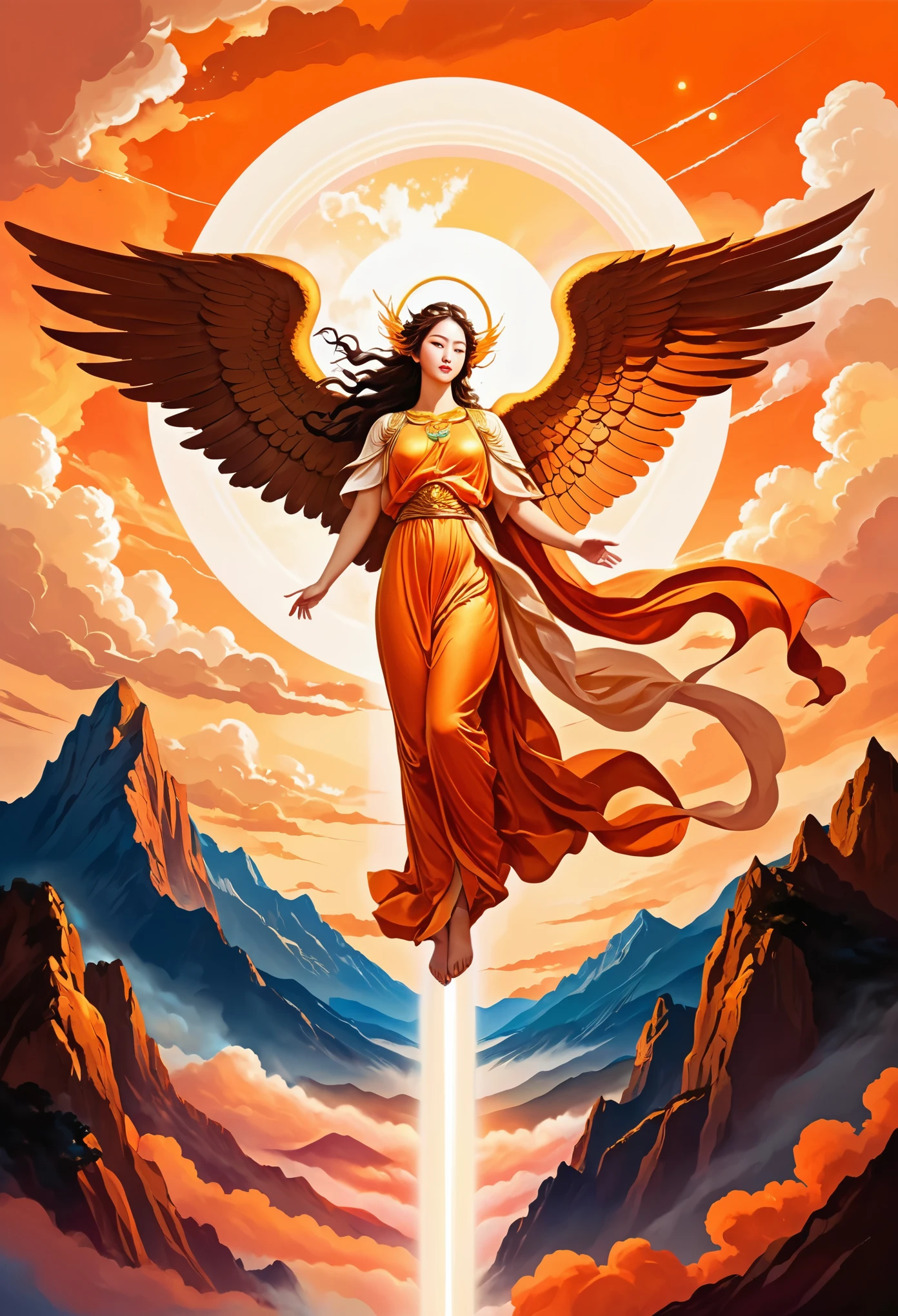 Angelic being，No human emotions, Cosmic, myth, In the image background, Sky mountain view, Orange Clouds. The style of the image should be comic book style, Use strong and bold strokes, 以及人物的myth和天使色彩  