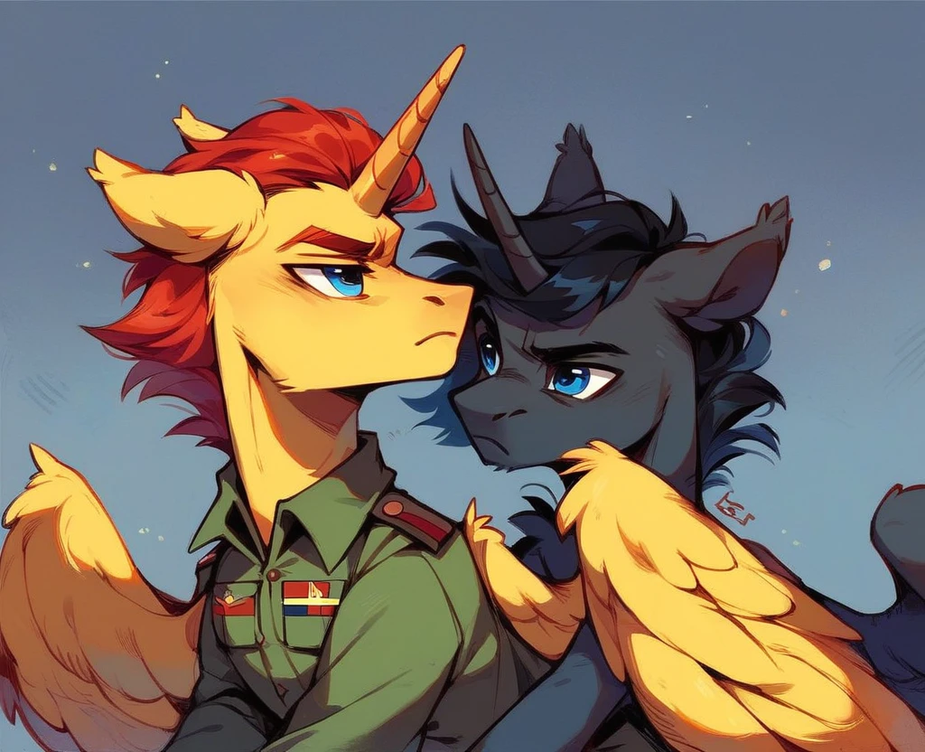 Two subjects; Male alicorn pony with black fur and red hair and blue eyes and red feathers on wings, male pegasus pony with yellow fur and black hair and blue eyes, legs around each other, wartime photo, vietnam-era army uniforms, frown