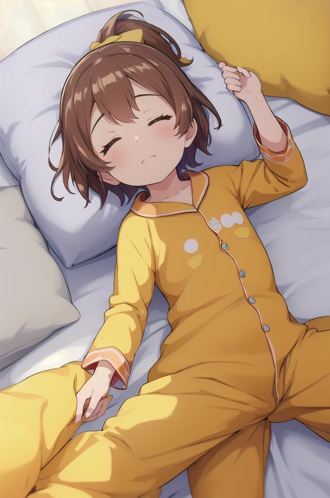 Highest quality,masterpiece,indoor,On the bed, 1girl,独奏,Lying on your back,Close ~ eyes,Close your mouth,Are sleeping,yellow pajamas,Brown Hair, short hair, ponytail,Flat Chest,others,,othersのpenisを足の指でつかむ,