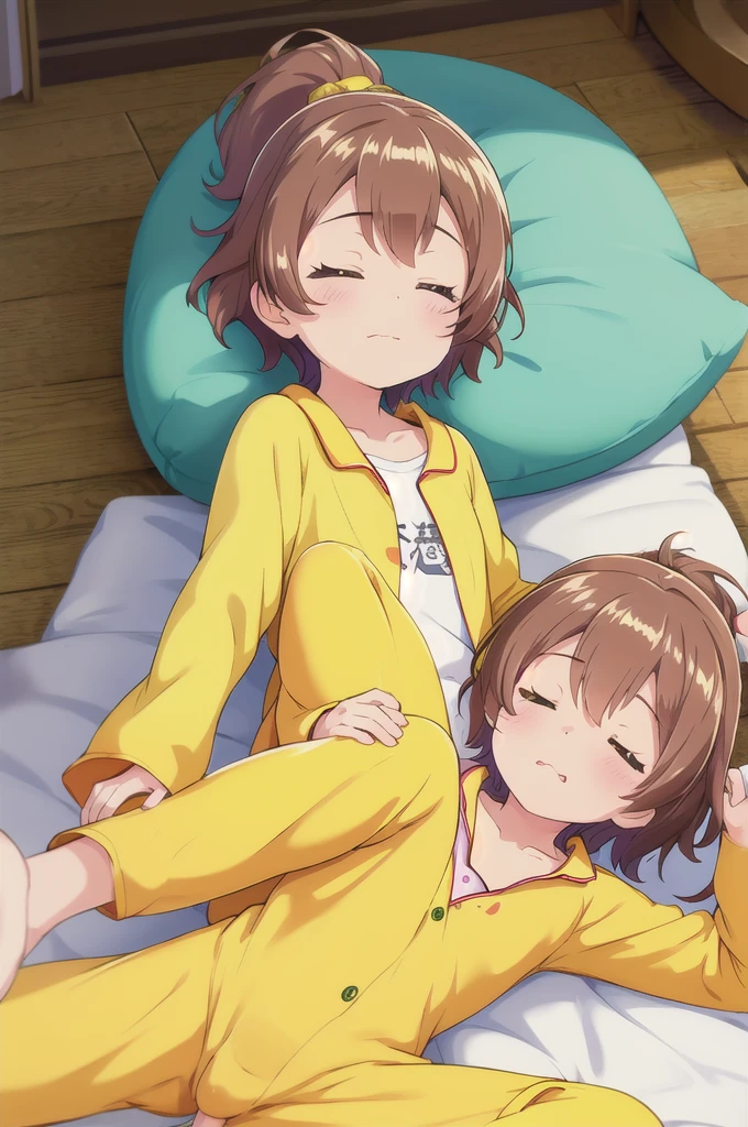 Highest quality,masterpiece,indoor,On the bed, 1girl,独奏,Lying on your back,Close ~ eyes,Close your mouth,Are sleeping,yellow pajamas,Brown Hair, short hair, ponytail,Flat Chest,others,,othersのpenisを足の指でつかむ,