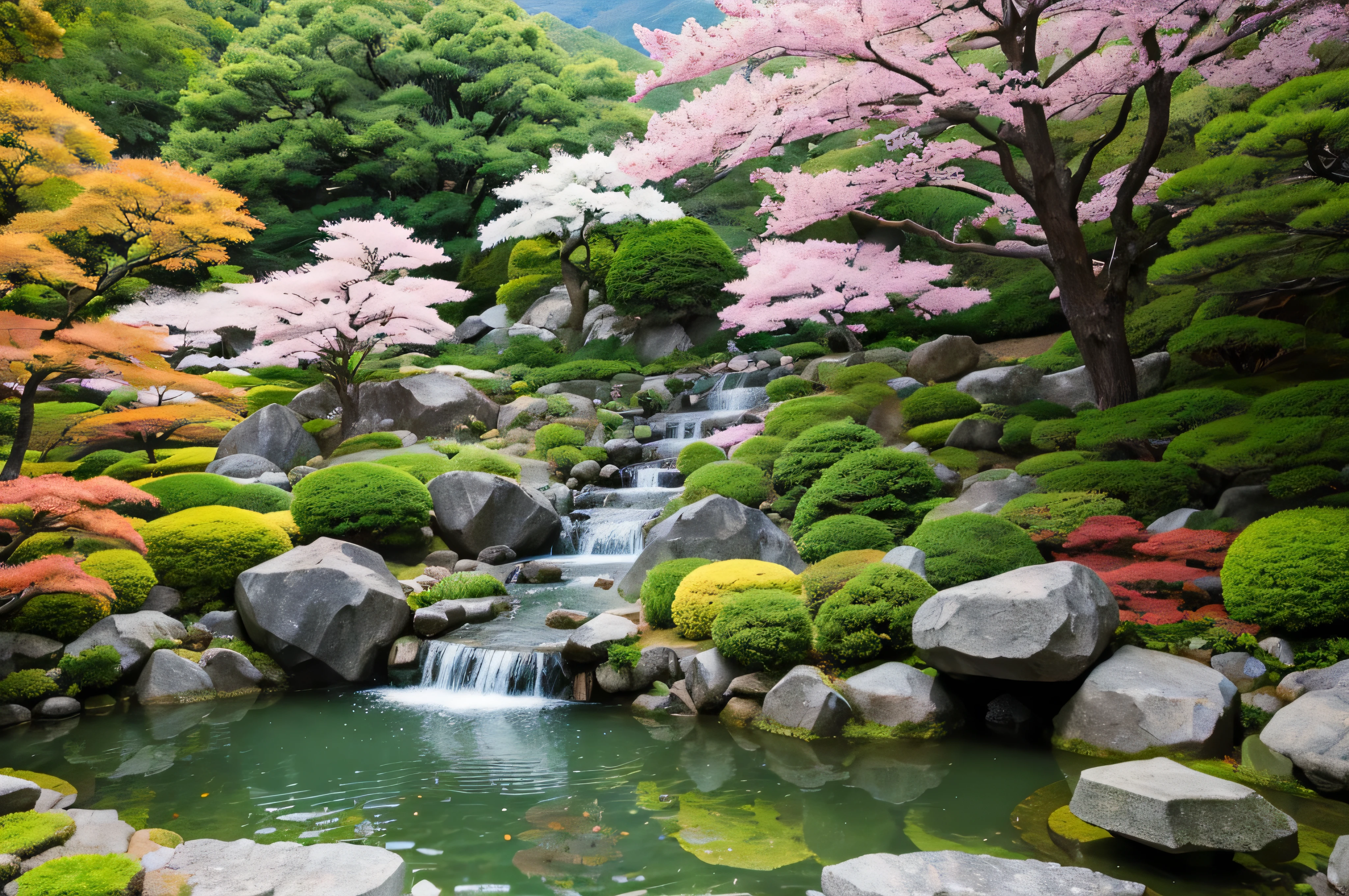 There is a large rock garden with a mountain in the background., lush Japanese Landscape, Japanese Nature, Japanese Landscape, Japanese garden, in Japanese garden, It was transparent, Japanese Temples, Japanese countryside, Inspired by Sesshu Toyo, e Japan Vivid scenery, Mountains in Japan, himeji rivendell garden of eden, royal garden landscape