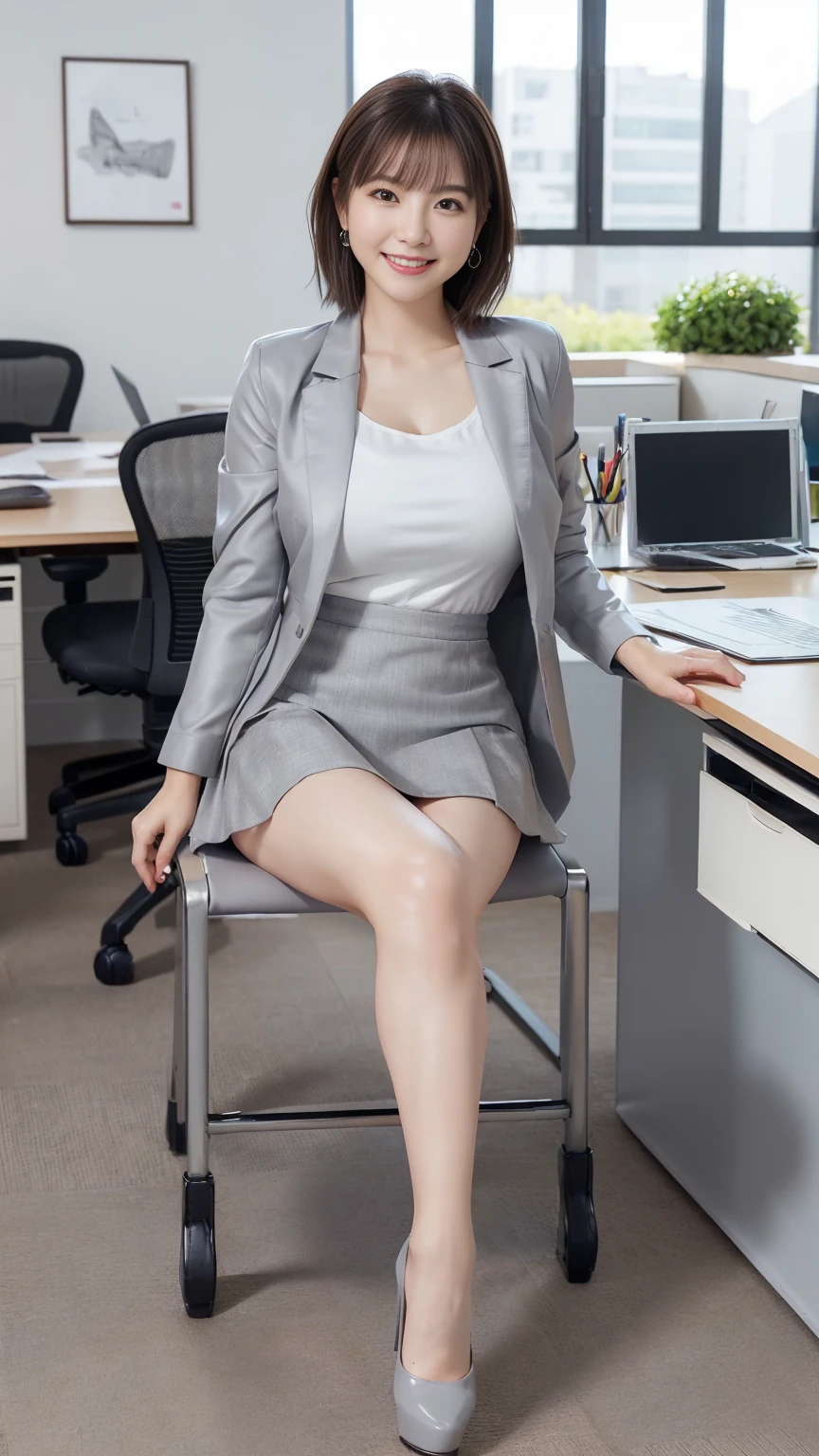 Highest quality, masterpiece, Ultra-high resolution, (Realistic:1.4),Beautiful woman,(Shortcuts),(Big Breasts) ,Beautiful Skin, Fine skin, 魅惑的なsmile, Background blur, smile, (office lady、White shirt、Grey jacket、Grey tight mini skirt、High heels、Hide all breasts、Drawing from the front、I:1.28)In the office district、(Sitting on a chair、Open your legs wide to the sides:1.5)