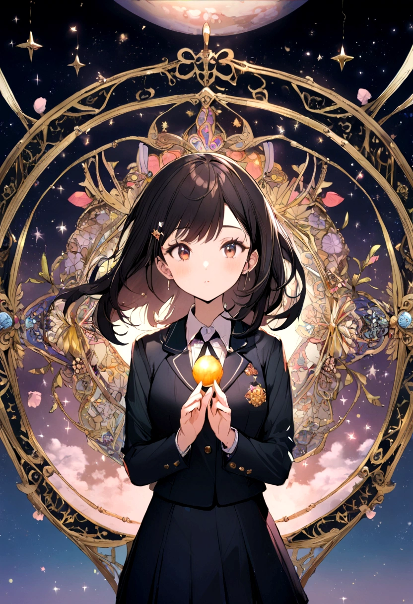 1girl, black hair, school attire, wishing on a satellite
