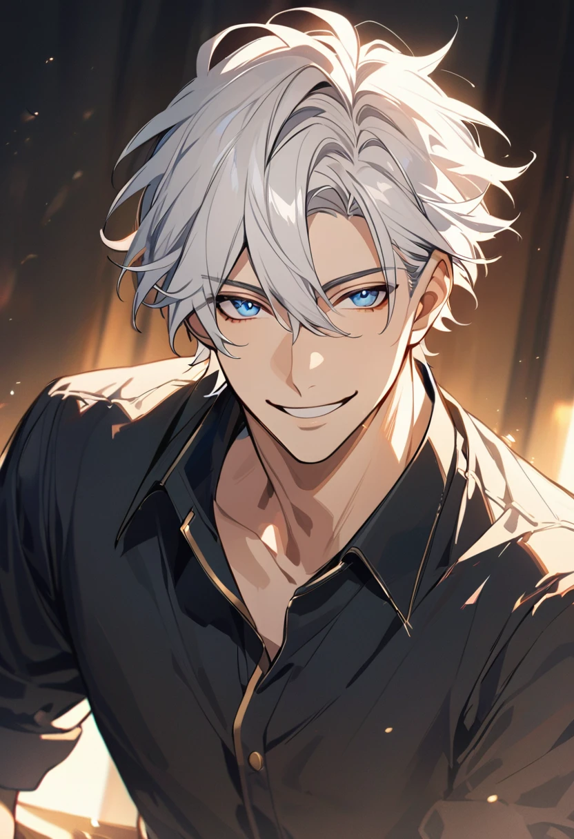 Handsome, solo, 1 male, short hair, gold eyes, white hair, smile facial, ((shirt)), blue eyes, загадочное выражение лица, загадочная улыбка