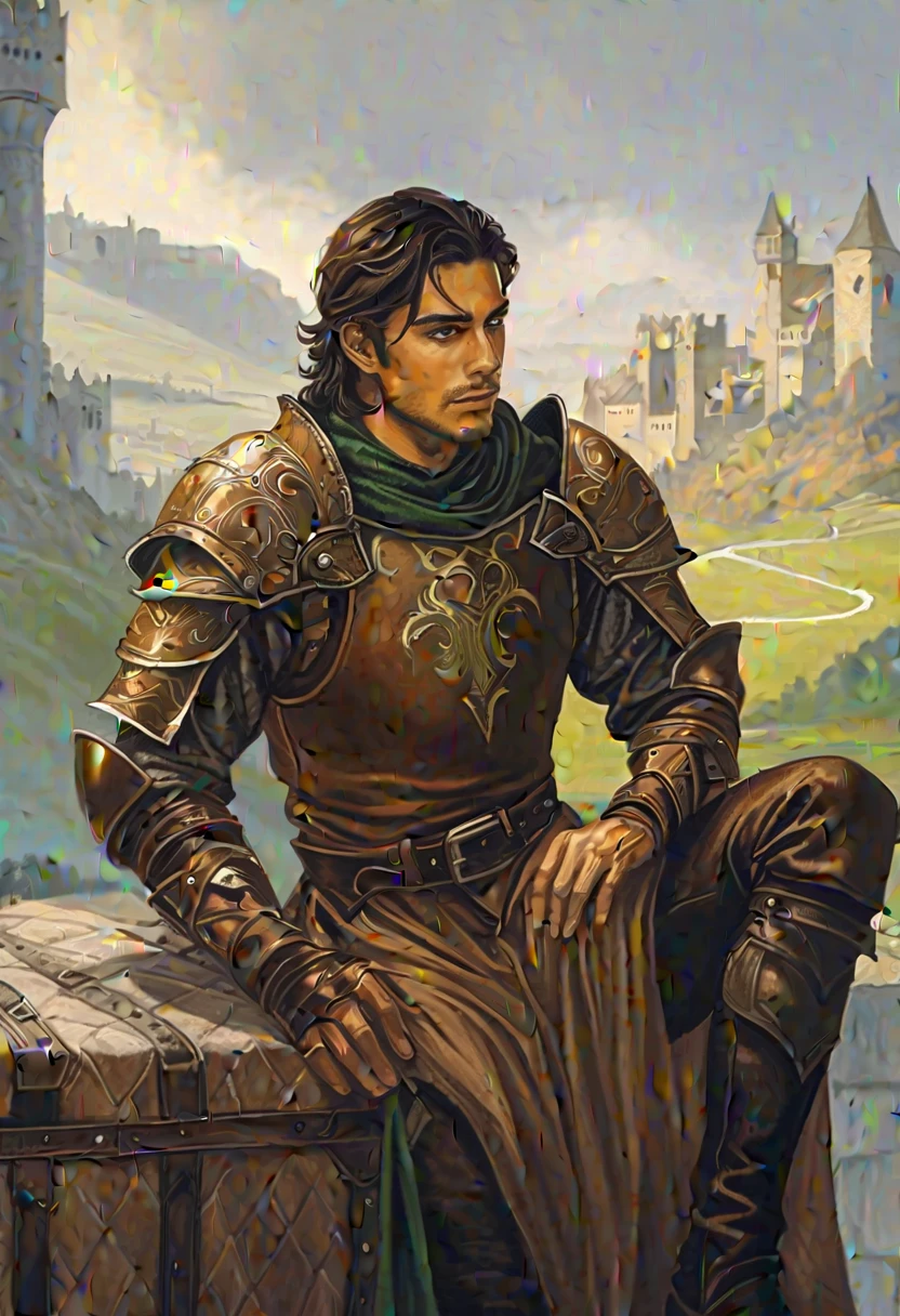 pencil art, pictorial \(styled\), male rogue from the Elder Scrolls series, trunk, panorama, lying image, short dark hair, golden eye, Light green skin, brown leather armor, simple shoulder pad, black leather boots in a medieval European landscape, Dynamic shading, oil on canvas, extremely detaild, light and dark colors,