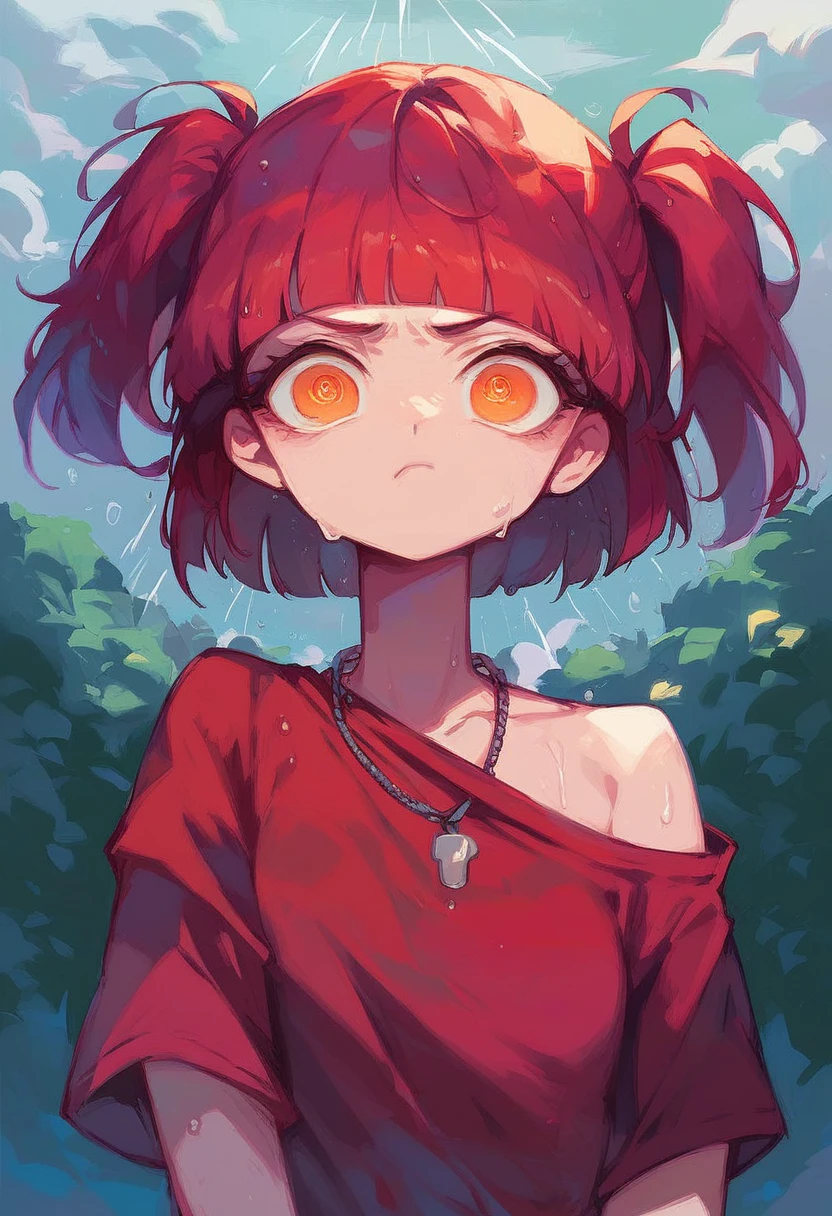 score_9, score_8_up, score_7_up,expressive eyes,1 girl, bob cut,blunt bangs,white and red hair,orange eye, swirly eyes,necklace,two side up,red shirt, loose shirt, denim shorts,in park, closed mouth, :t, pout, mad ,thunderstorm,wet