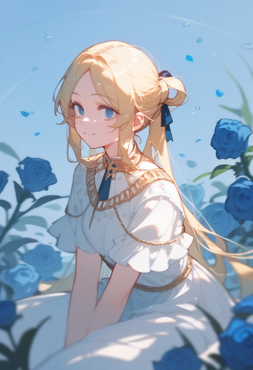 Princess, blonde hair, royal features, narrow eyes, slight smile, white dress, in the middle of a sea of blue roses, sitting, her hands covered in blue roses, arms lowered, hair tie