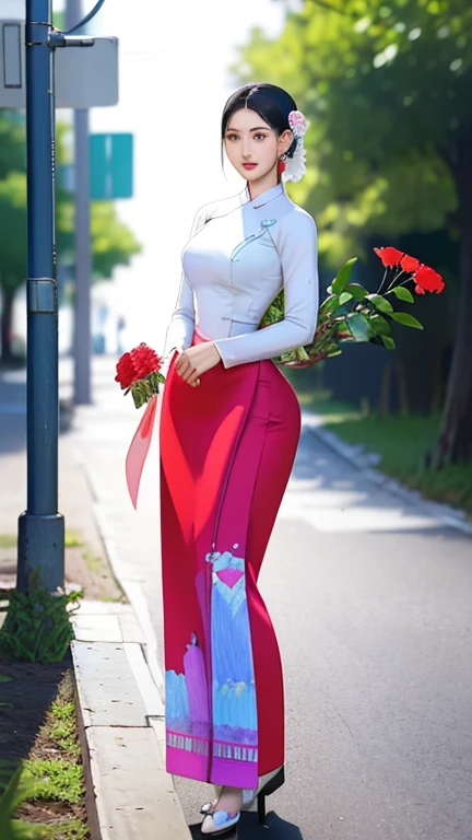 a beautiful girl in vintage colors aodai , masterpiece, best quality, realistic:1.3, street, holding bundle of flowers,Branding dress, red+ping dress, sunlight, backlighting, artstation, intricate details, vignettThe owner of an attractive body outline and high hips3d 4k