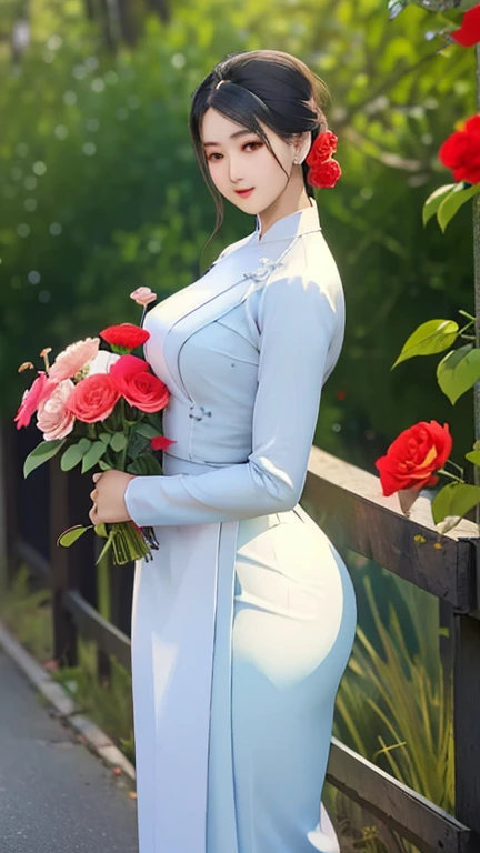 a beautiful girl in vintage colors aodai , masterpiece, best quality, realistic:1.3, street, holding bundle of flowers,Branding dress, red+ping dress, sunlight, backlighting, artstation, intricate details, vignettThe owner of an attractive body outline and high hips3d 4k