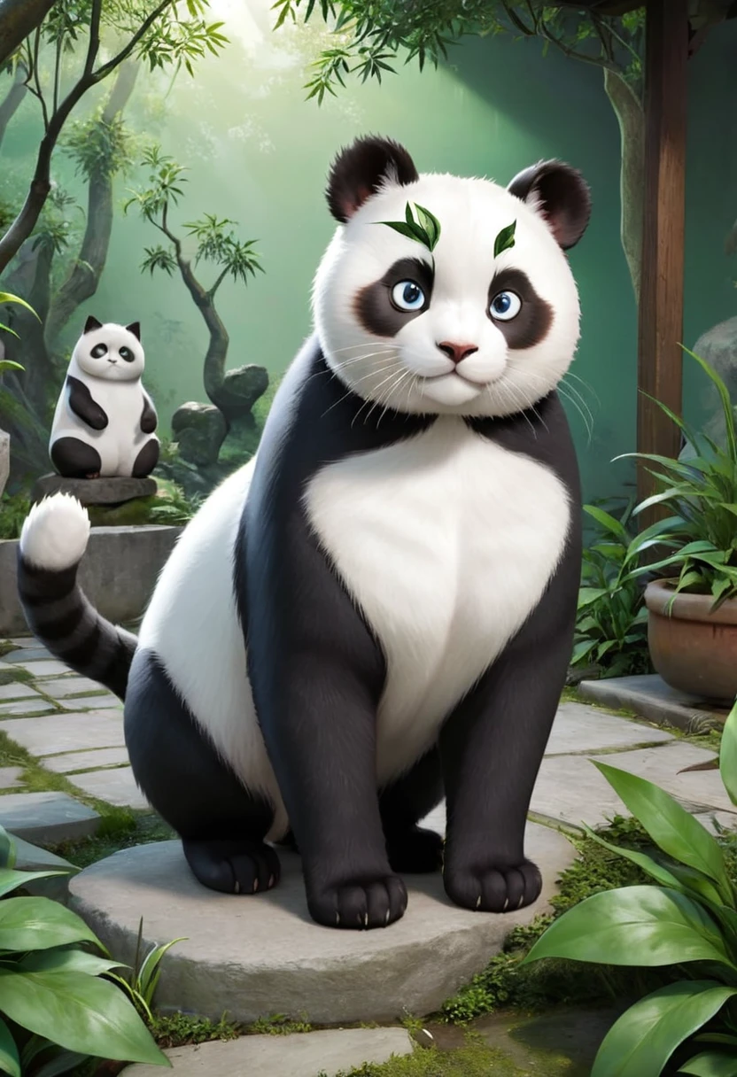 "Cats with panda-like fur patterns. Cats should have black and white spots similar to panda fur, with a sharp contrast between the two colors. Cats should have a typical cat body. structure and facial features, the fur should mimic the panda's unique markings, and the environment should be natural, such as a garden or forest, to enhance its visual appeal. No.”