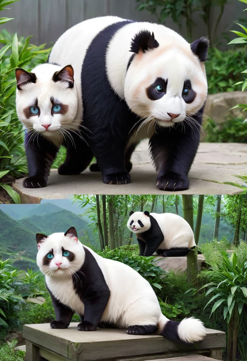 "Cats with panda-like fur patterns. Cats should have black and white spots similar to panda fur, with a sharp contrast between the two colors. Cats should have a typical cat body. structure and facial features, the fur should mimic the panda's unique markings, and the environment should be natural, such as a garden or forest, to enhance its visual appeal. No.”