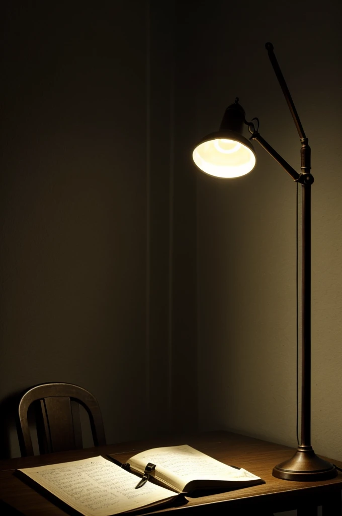 In a dark room, the light from a glowing lamppost spreads across the table. An old diary lies open on the table, its pages slightly yellowed. Next to the diary is an old pen, which appears to have not been used for many years. The lamppost's light casts the diary's shadow onto the table in a ghostly shape, intensifying the eerie atmosphere of the room. There is no sound around, only the faint light of the lamppost, and the presence of the diary and pen evokes a mysterious and frightening feeling.