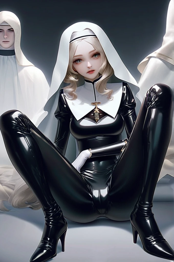 ((Лучшее качество)), ((шедевр)), (подробный), A nun in a latex tight suit spread her legs cameltoe