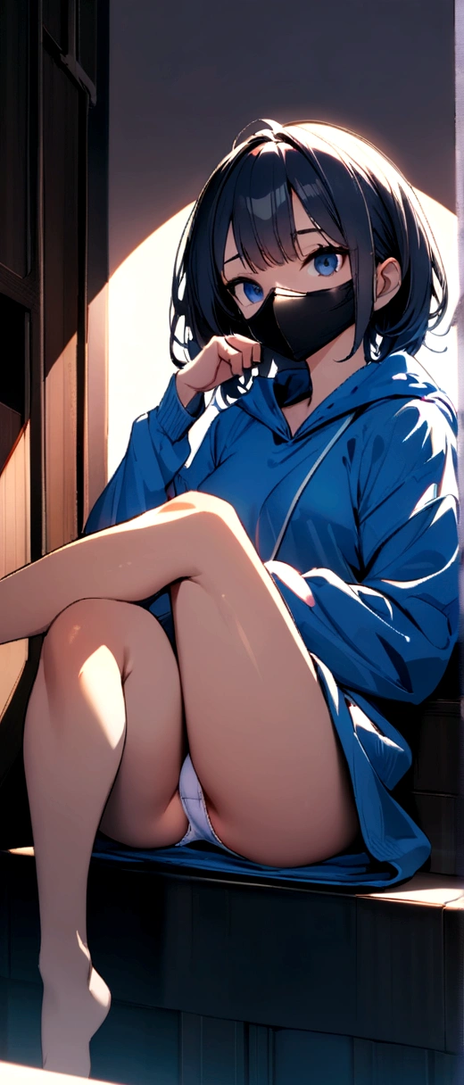 Baggy blue jersey、Sitting with legs crossed、Panties fully exposed、Shortcuts、Wearing a black mask
