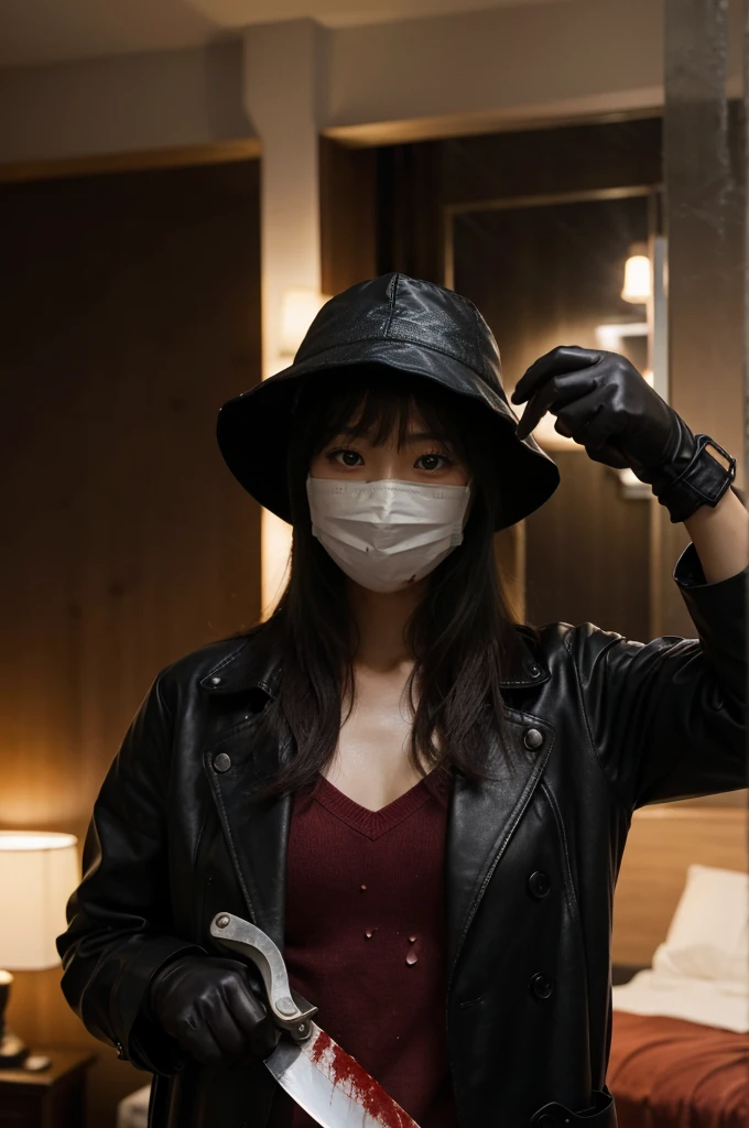 korean girl, (behind corpse, surgical mask), holding knife, stabbing, black leather gloves, room full of blood, woman on top, black trench coat, bucket hat, holding knife, black gloves, behind corpse, blood splatter, very long hair, night, mass murderer, robbery, underground,
