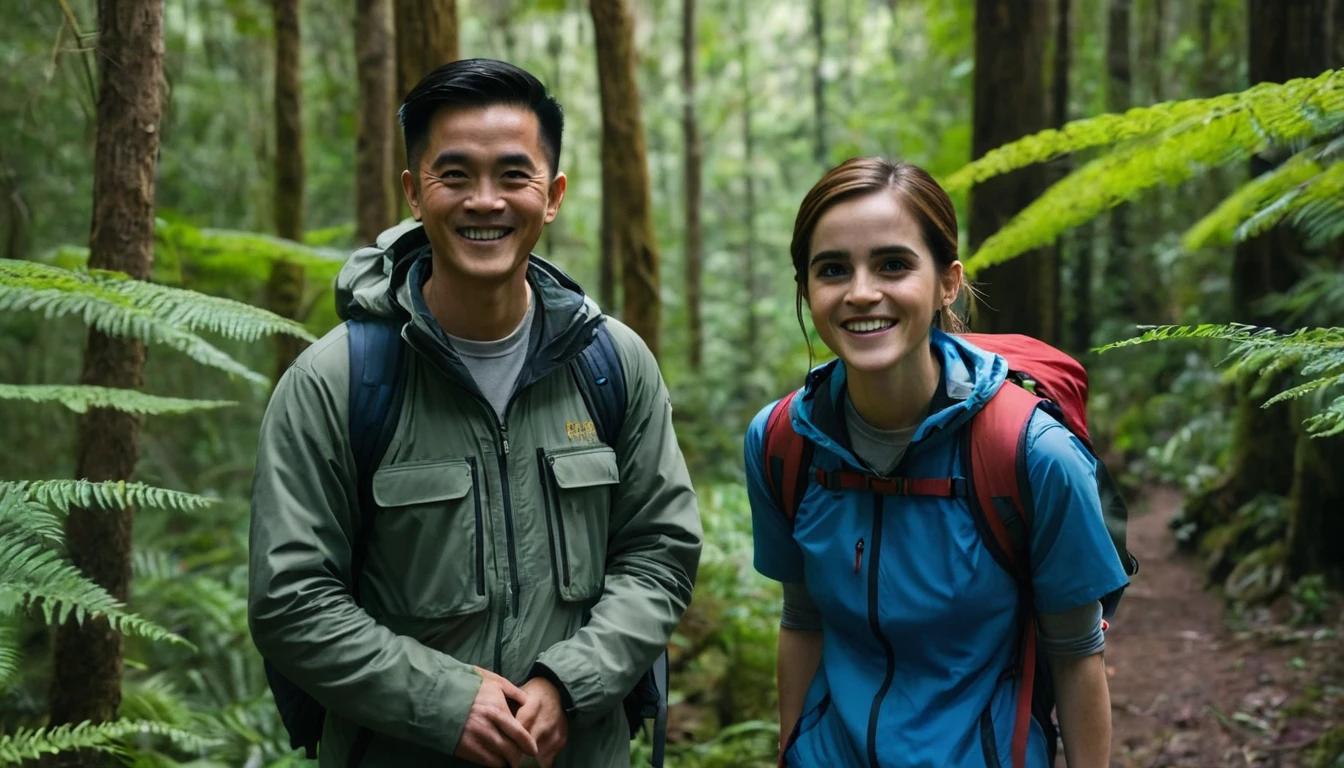 Emma Watson and a Adult Chinese male is standing in the forest smiling and looking at the camera. They are wearing hiking clothes