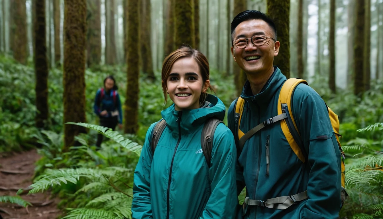 Emma Watson and a Adult Chinese male is standing in the forest smiling and looking at the camera. They are wearing hiking clothes