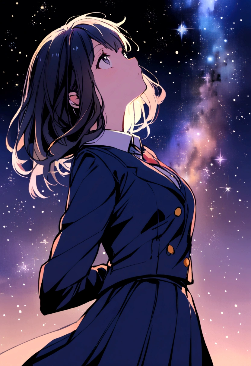 1girl, black hair, school attire, looking up at the night sky