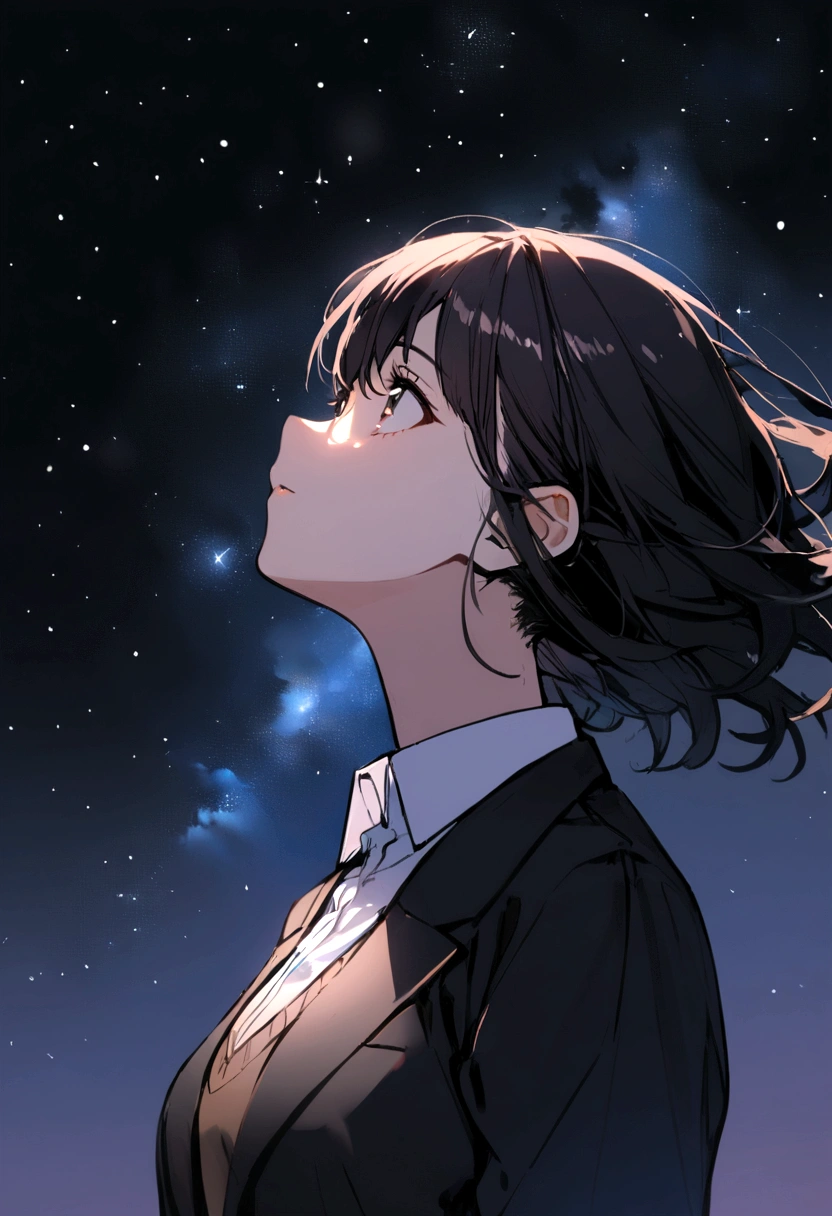 1girl, black hair, school attire, looking up at the night sky