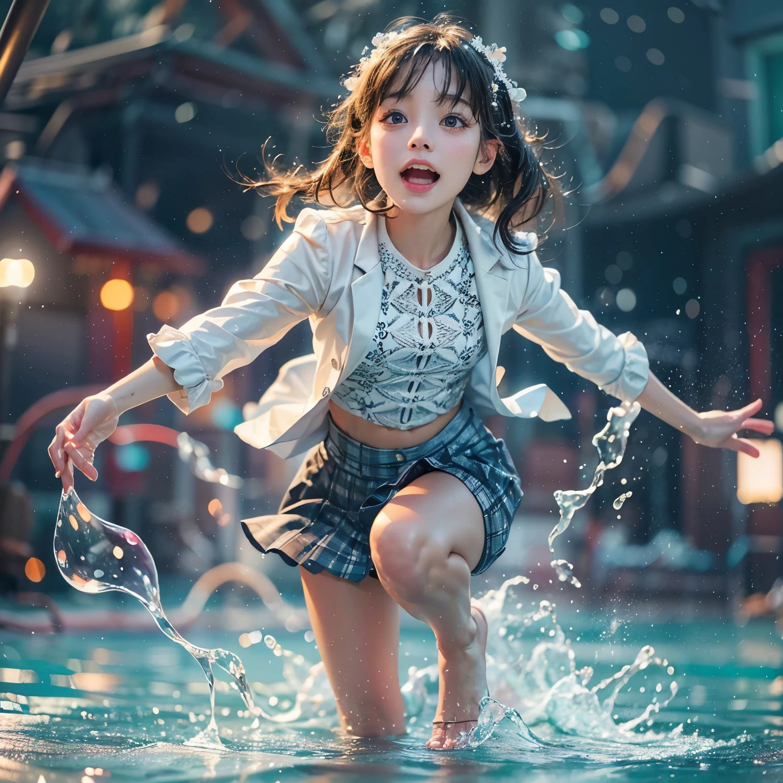 (8K TopQuality masterpiece: 1.2)(Realistic ProfessionalPhoto:1.37), VolumetricLighting. Tiny Girls, girl jumping into the water、Falling、splash water、shout、Luminous water surface、White and Bright colors, back lighting, Radiant PearlSkin, sparkling highlights, Detailed KAWAII face with cute lips, long eyelashes, Delicate clothes, Detailed open crotch