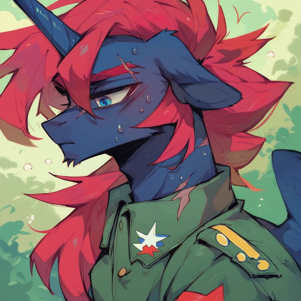 Male alicorn pony, black fur, long red hair, deep blue eyes, red feathers on wings, scar over left eye, red striping, vietnam-era army uniform, boonie hat, in a swamp, sweating, close-up portrait