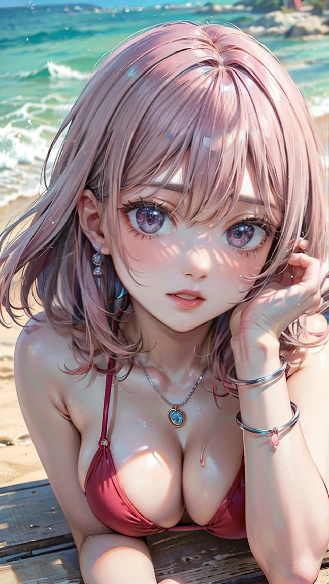 (Masterpiece, BestQuality:1.3), (ultra detailed:1.2), (hyperrealistic:1.3), (RAW photo:1.2), High detail RAW color photo, professional photograph, (Photorealistic:1.4), (realistic:1.4), professional lighting, perfect anatomy, (Big Breasts:1.2), (blush, detailed face), (cheerful Smile:1.5), (Pink Hair:1.5), Trending Hair&Trending Hairカラーをランダムに, earrings, necklace, bracelet, sexly, erotic sexly, Random sexy gravure poses, (On the beach、Sexy beauty in a red micro bikini。Dip your toes in the waves、flash a seductive smile at the camera。Silver anklets add an erotic touch。:1.3)