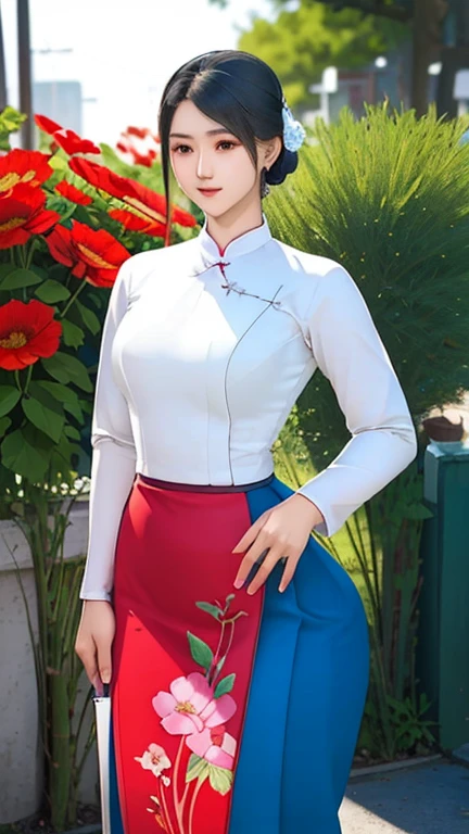 a beautiful girl in vintage colors aodai , masterpiece, best quality, realistic:1.3, street, holding bundle of flowers,Branding dress, red+ping dress, sunlight, backlighting, artstation, intricate details, vignettThe owner of an attractive body outline and high hips3d 4k