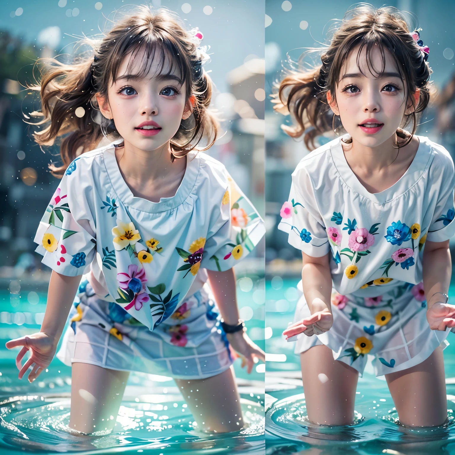 (8K TopQuality masterpiece: 1.2)(Realistic ProfessionalPhoto:1.37), VolumetricLighting. Tiny Girls, girl jumping into the water、Falling、splash water、shout、Luminous water surface、White and Bright colors, back lighting, Radiant PearlSkin, sparkling highlights, Detailed KAWAII face with cute lips, long eyelashes, Delicate clothes, Detailed open crotch